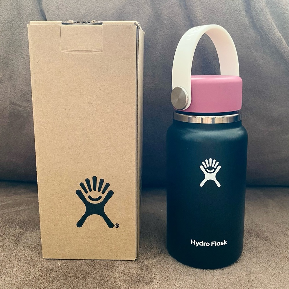 New Hydro Flask Micro Mini Water Bottle 6.7 Oz Black Reef Pink Cap White Strap